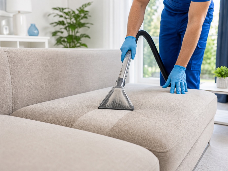 Professional upholstery cleaning on a fabric lounge