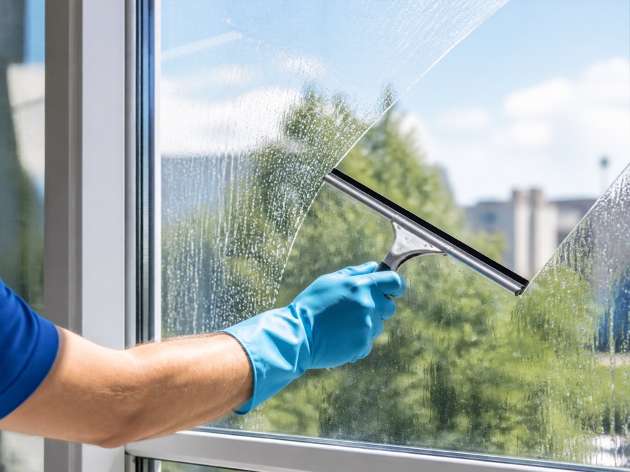 Streak free professional window cleaning with squeegee